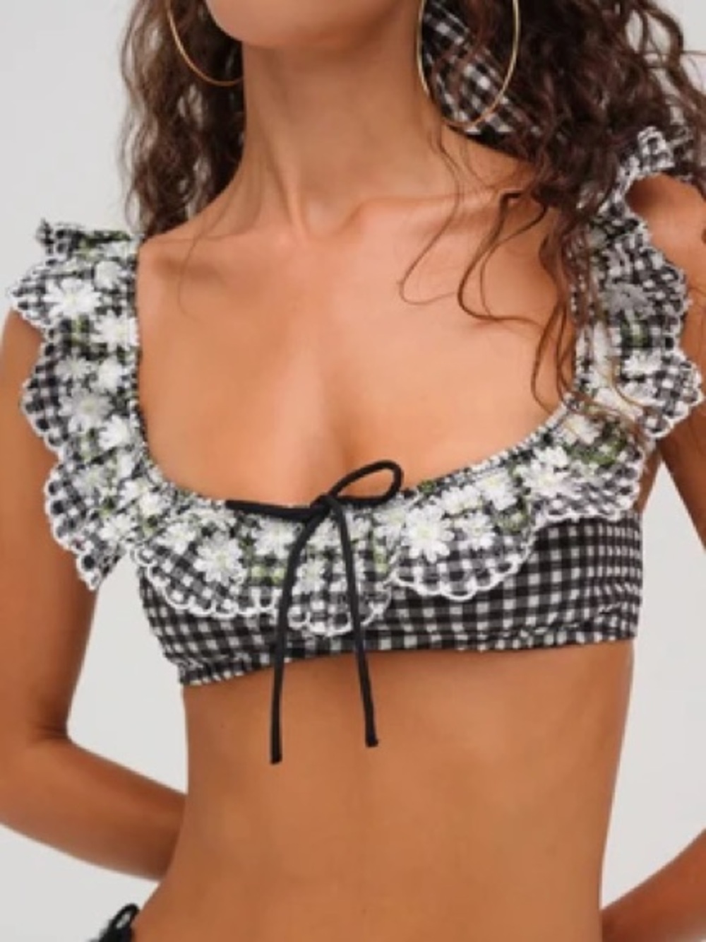 Gingham Ruffle Bikini Top with Floral Trim - Black/White